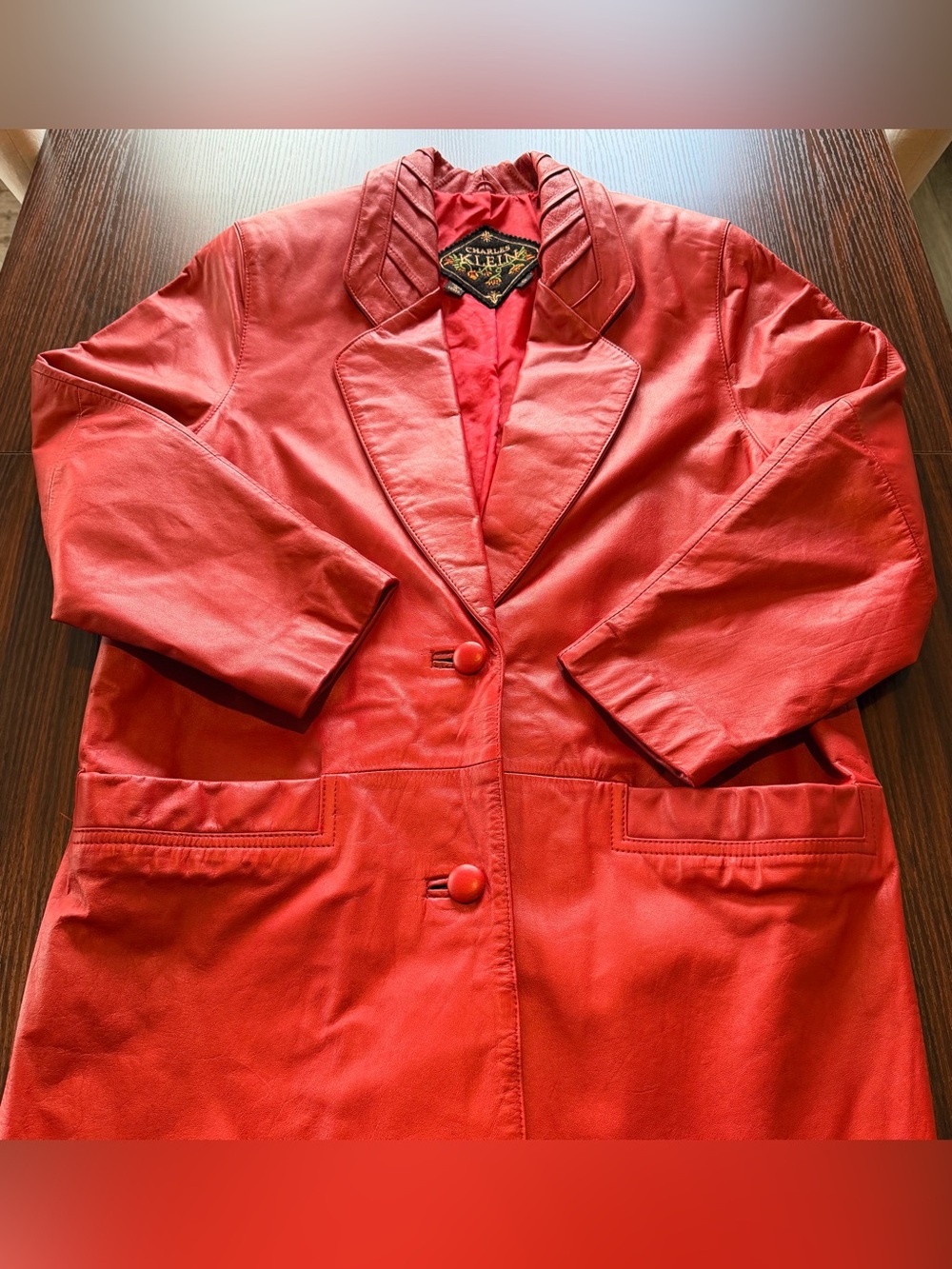 Charles Klein Red Vintage 80s 90s Leather Trench Coat Long Duster Jacket Coat S